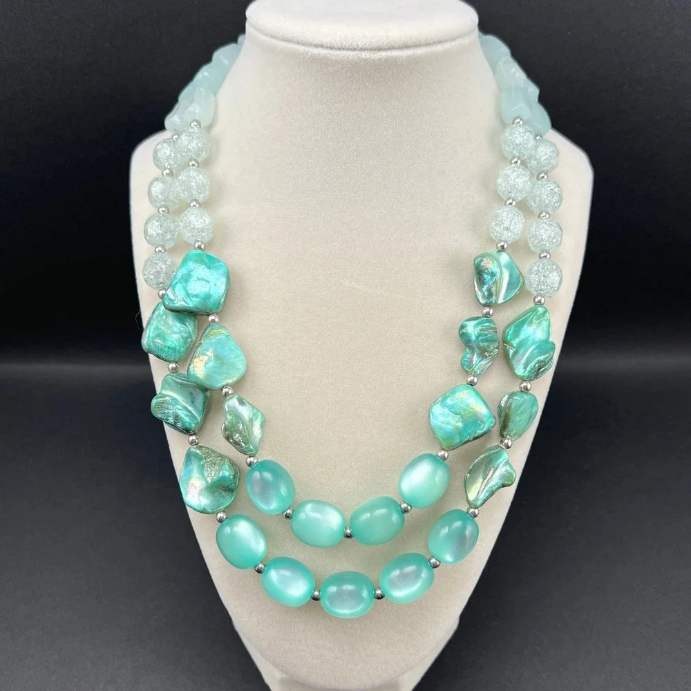 Multi Strand Beaded Necklace Green Shell Aqua Lucite Moonglow 20.5